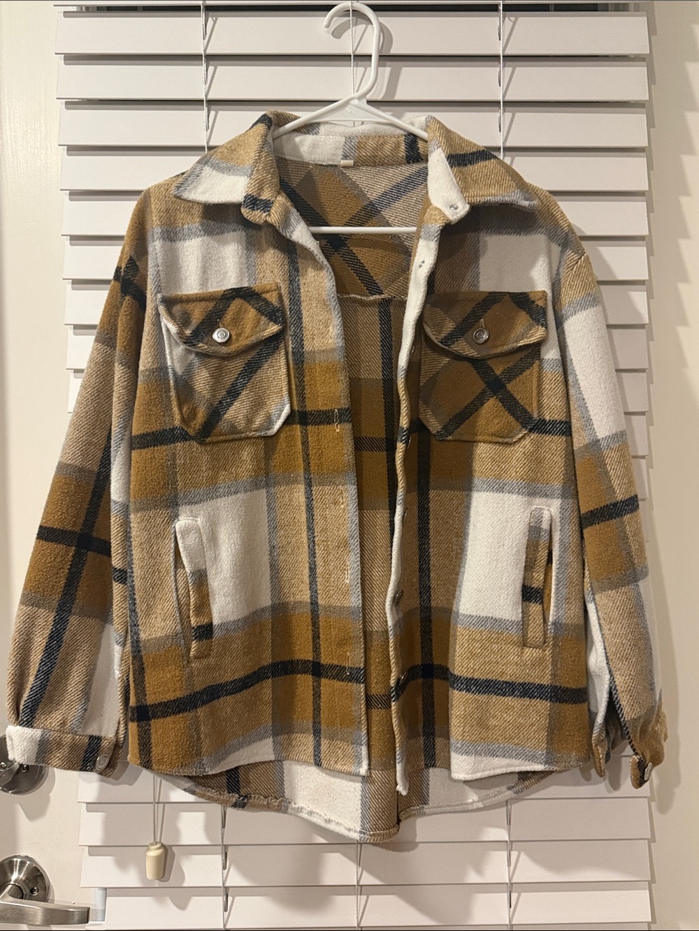 SHEIN Mustard, Cream & Black Plaid Utility Shacket